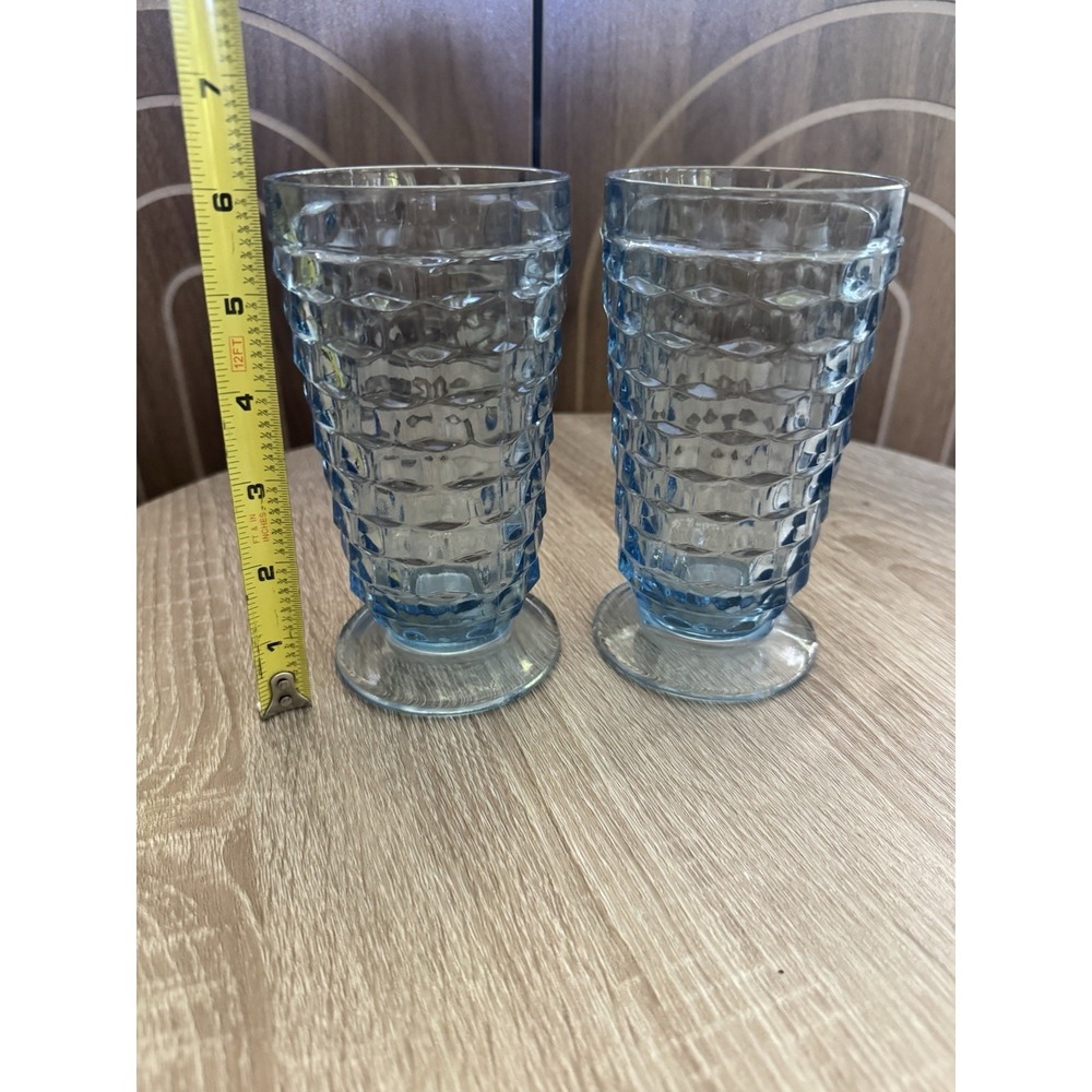 Vintage (2) Indiana Glasses Whitehall Colony "Cubist" Light Blue Footed Tumblers
